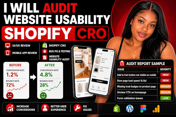 audit website usability shopify cro UI UX bug fix testing mobile app review