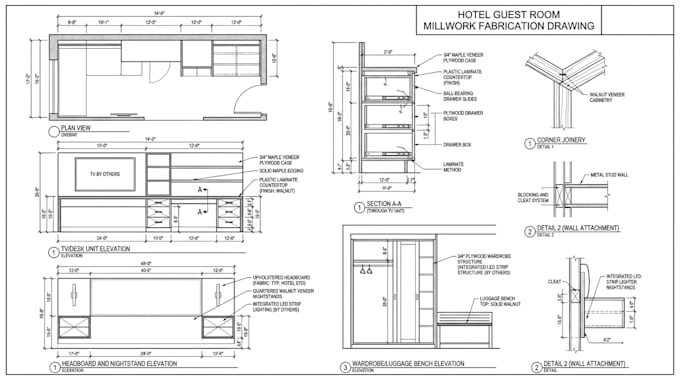 create hotel casework, reception and office millwork fabrication drawings
