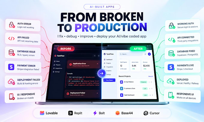 fix and finish your lovable replit bolt base44 vibecoded app