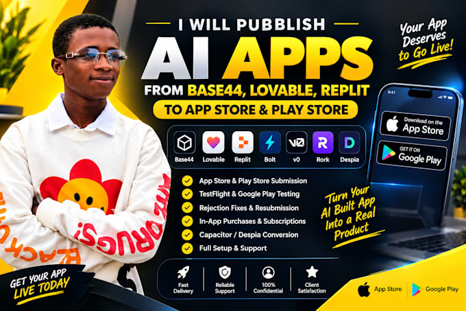 publish ai apps from base44 lovable replit to app store play store
