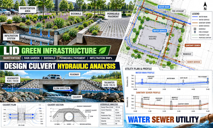 lid green infrastructure, culvert hydraulics analysis, water sewer utility plans