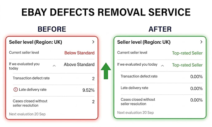 remove ebay feedbacks, transaction, late shipment defects make account top rated