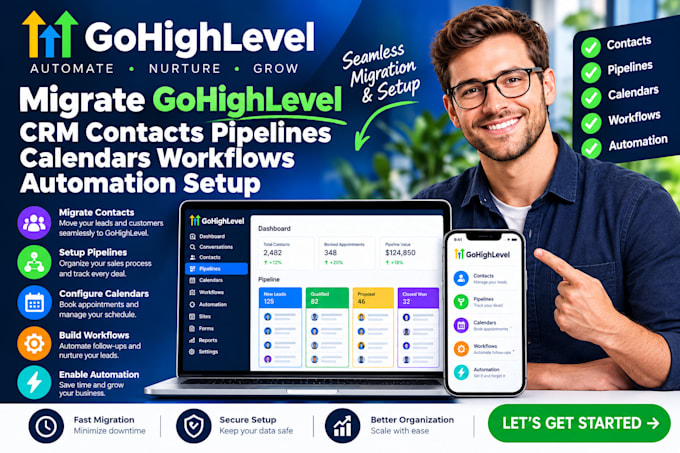 migrate gohighlevel CRM contacts pipelines calendars workflows automation setup