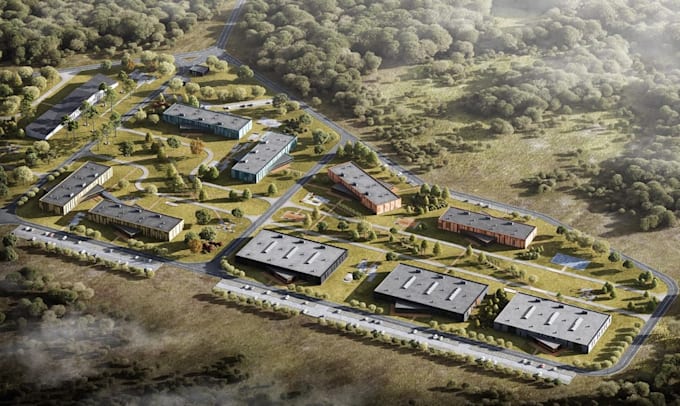 render 3d rural site plan, commercial spaces, landscape masterplan, aerial view