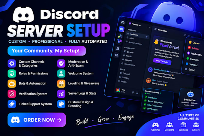 setup a professional custom discord server with bots and rol