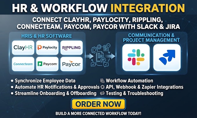 integrate clayhr paylocity rippling connecteam paycom paycor with slack jira
