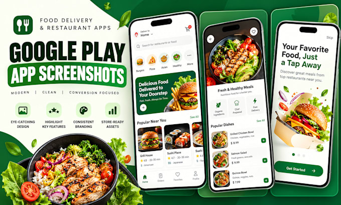 design food delivery app screenshots for google play