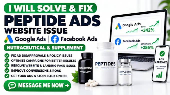 solve fix peptide ads website issue google facebook ads nutraceutical supplement