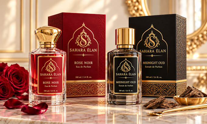 custom luxury perfume label, logo, cosmetics label and box packaging design
