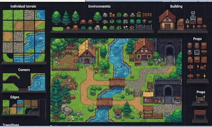 create custom pixel art tilset and tilemap for your 2d game rpg