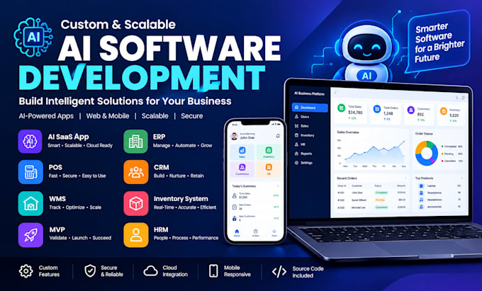 develop ai software, ai saas app, erp, pos, crm, wms, inventory system, mvp, hrm