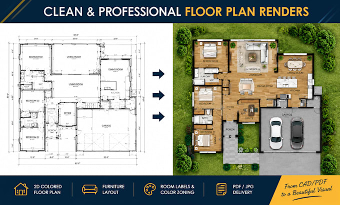 create a professional 2d coloured floor plan from cad or PDF
