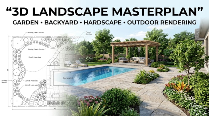 do 3d landscape masterplan garden design backyard hardscape and outdoor render