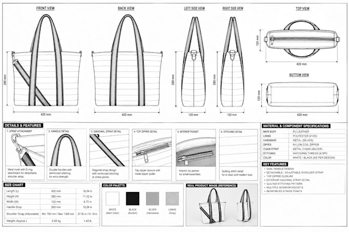 design production ready tech packs for handbags, purses and wallets
