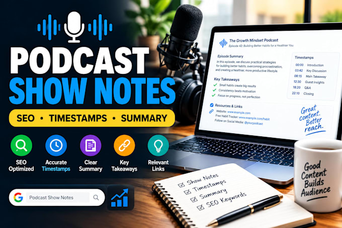 write SEO podcast show notes with timestamps