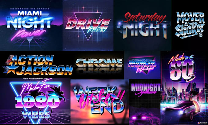 create 70s 80s 90s retro vintage chrome neon synthwave logo
