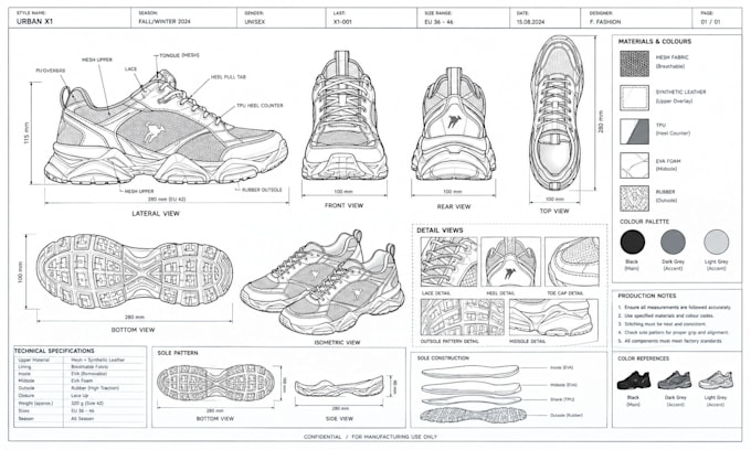 create footwear tech pack, shoe sole patterns and factory tech sheets