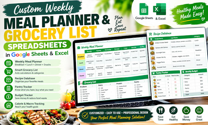 create weekly meal planner, grocery list spreadsheets in google sheets and excel