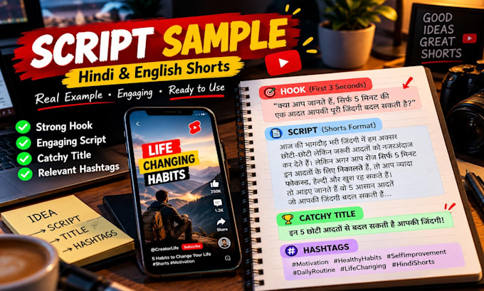 write hindi shorts scripts with hooks titles and hashtags