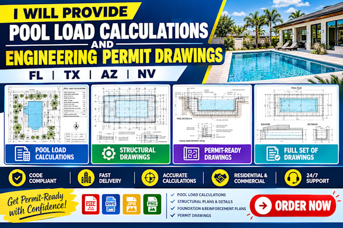 provide pool load calculations and engineering permit drawings for fl tx az nv
