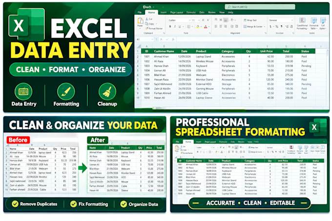 do excel data entry, formatting and spreadsheet cleanup