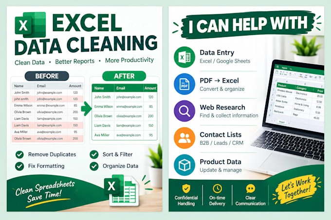 do excel data entry, spreadsheet cleanup and formatting