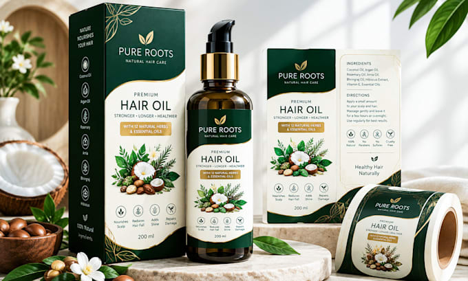 do premium hair oil box, label packaging design
