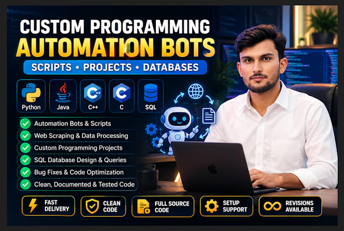 script java, python bot, c, sql database coding, programming project developer