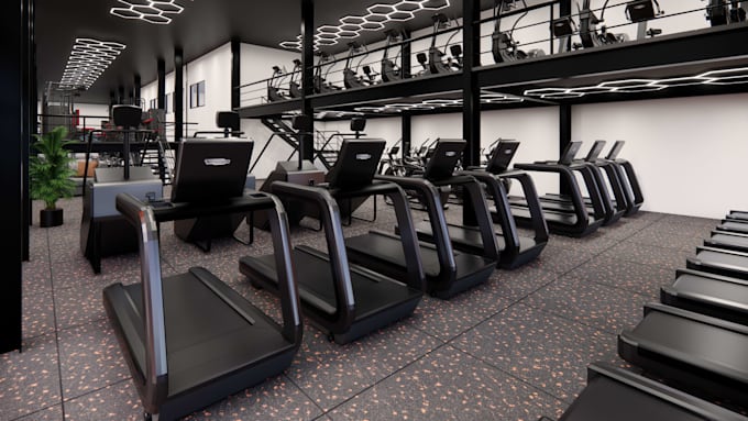 design gym interior, floor plan, equipment layout and 3d rendering