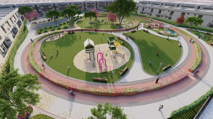 deliver 3d render for landscape masterplan, modern suburban park visualization