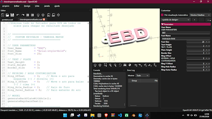 create a custom parametric 3d model in openscad