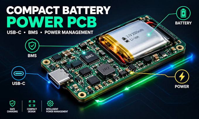 battery power pcb with usb c charging, protection, compact power management bms