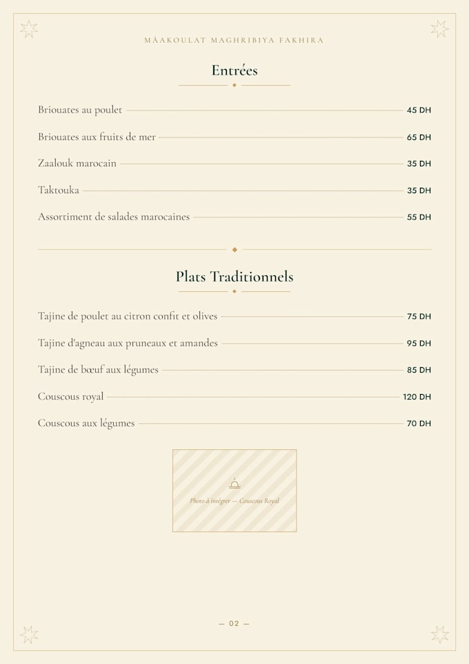 design a luxury moroccan restaurant menu