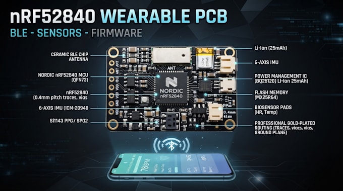 design nrf52840 wearable pcb, ble firmware and medical sensor electronics