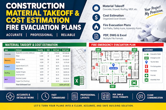 do material takeoff cost estimation and fire evacuation plan