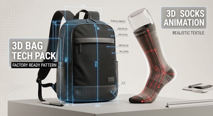 design 3d bag tech pack, 3d textile animation, 3d socks animation, and 3d render