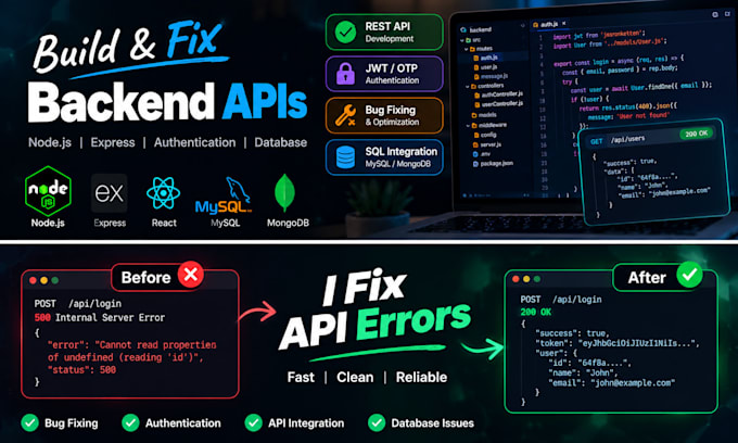 fix your node js api bugs or jwt authentication issues fast