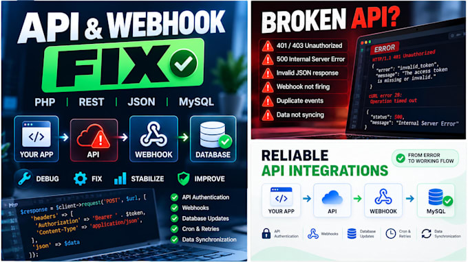 debug and fix API and webhook issues in PHP