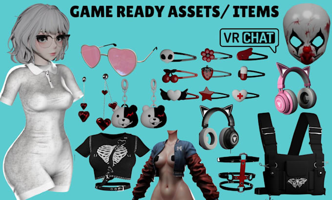 create custom vrchat props, accessories, outfits, outfits, weapon, assets, items