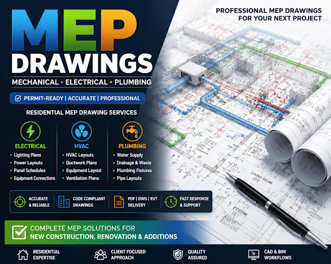 create residential mep drawing for hvac electrical and plumbing plans