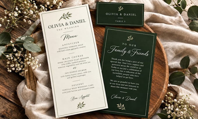 design a wedding invitation and matching event signage