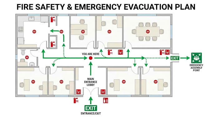 design fire safety, evacuation, emergency exit plan and floor plan
