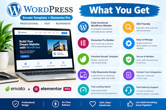 create and customize wordpress website using envate template and elementor pro