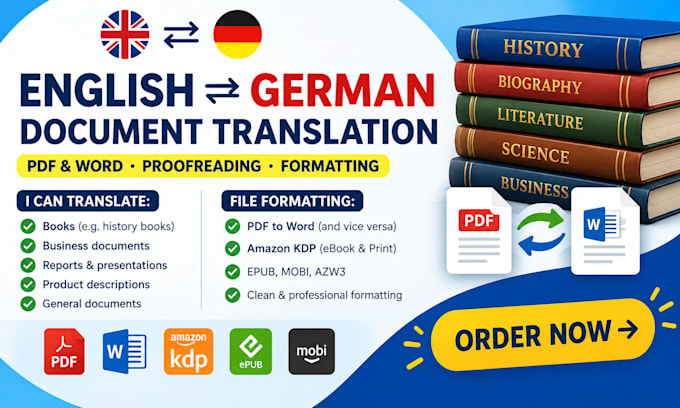 translate english german PDF word documents proofreading formatting
