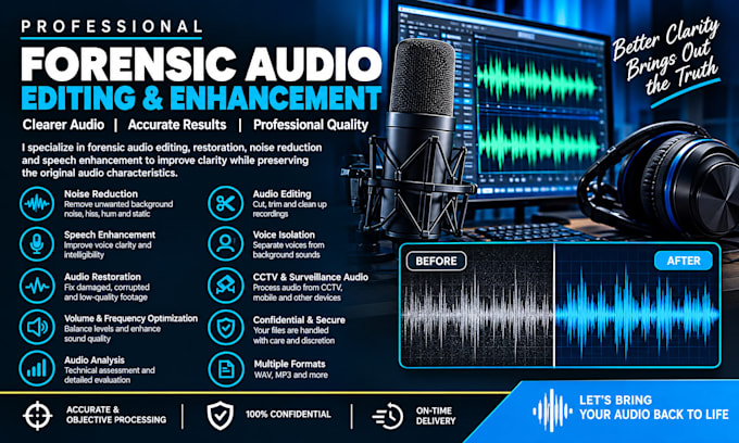 do forensic audio editing,cut, cleanup, enhance , repair and remove noise