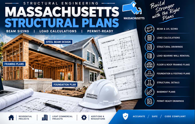 design massachusetts structural plans, beam sizing and load calculations