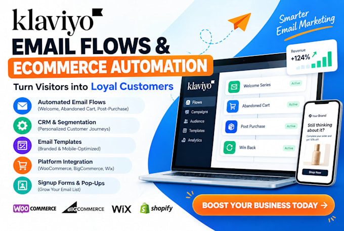 setup klaviyo email flows woocommerce bigcommerce wix ecommerce automation CRM