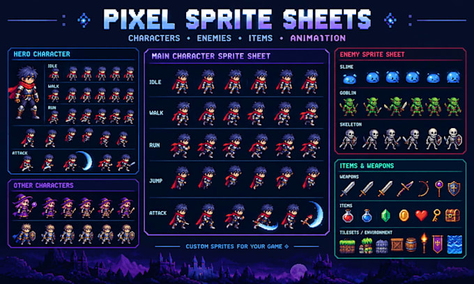 create pixel sprite sheet pixel art animation pixel game art for 2d video games