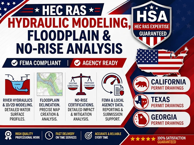 do hec ras hydraulic modeling, floodplain and no rise analysis