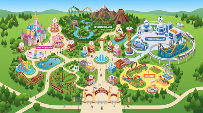 design custom theme park map, zoo map, amusement park and attraction map